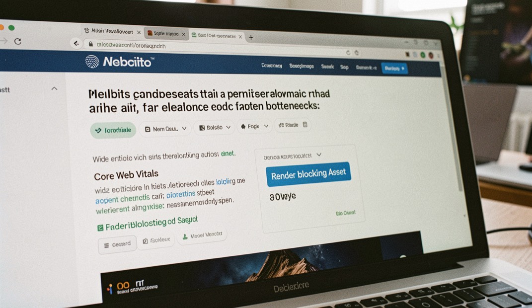 A browser performance trace on a dark desk beside a notebook and a quiet green status light